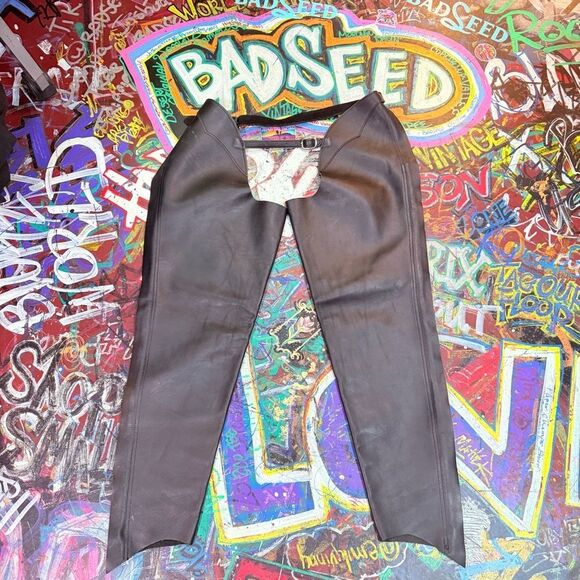 Vintage 90s Black Leather Motorcycle Chaps - Made in USA, M/L, Adjustable Fit - Picture 1 of 13